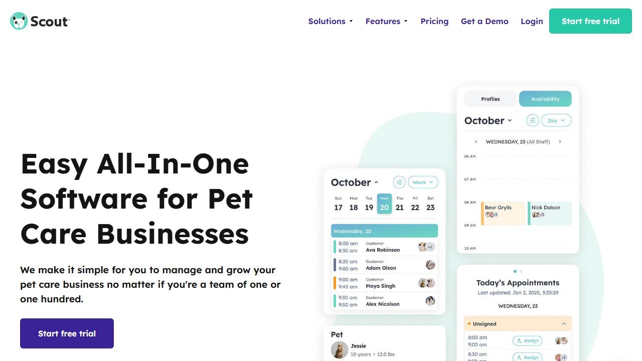 Scout pet-care software homepage