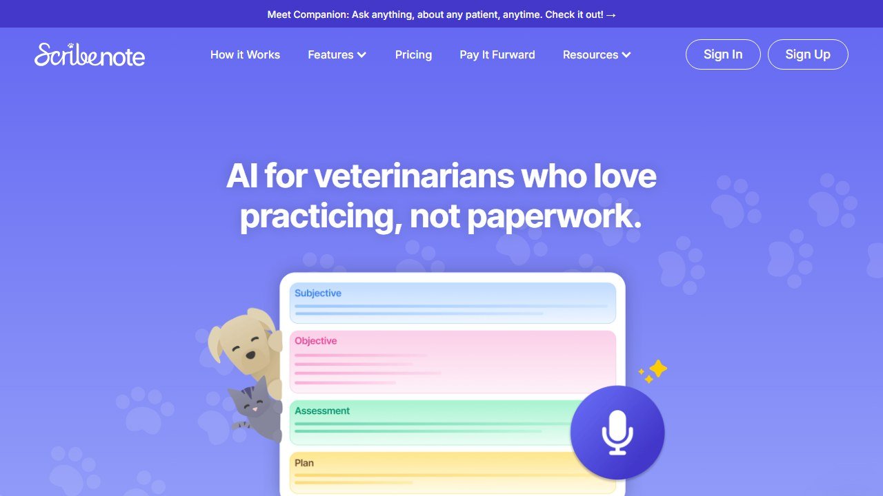 Scribenote veterinary AI notes homepage