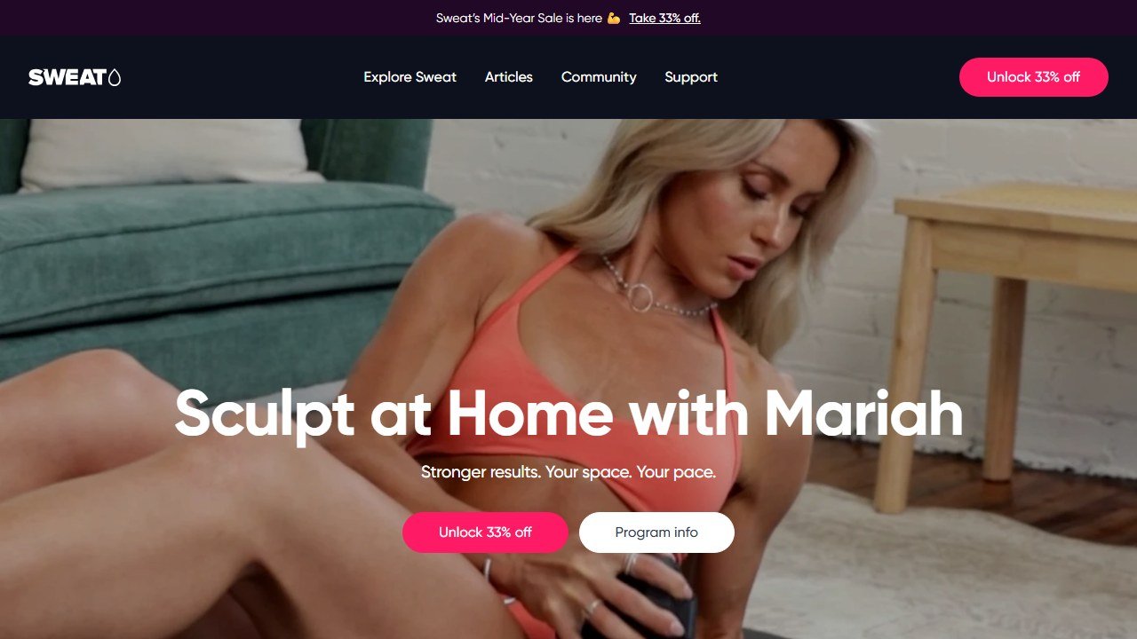 Sweat fitness app homepage
