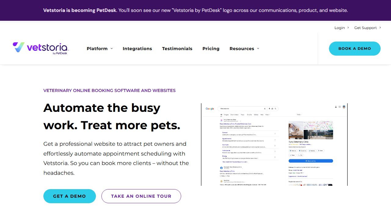 Vetstoria veterinary booking homepage