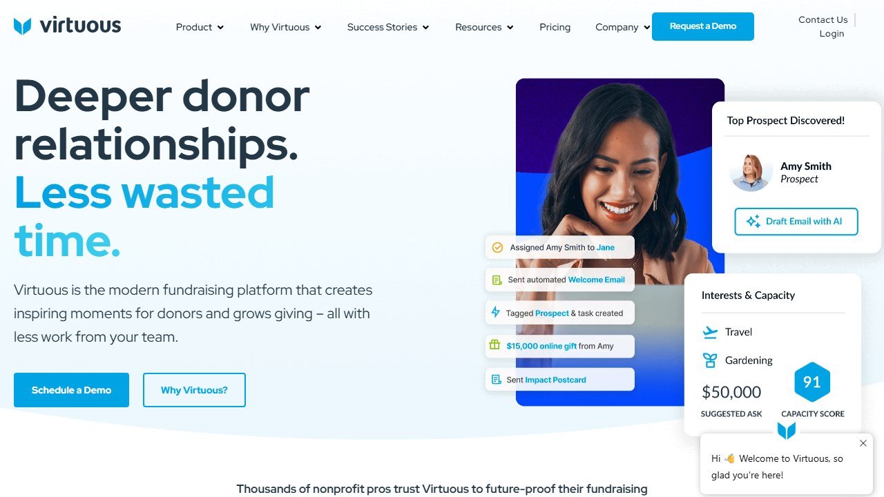 Virtuous responsive nonprofit CRM homepage interface