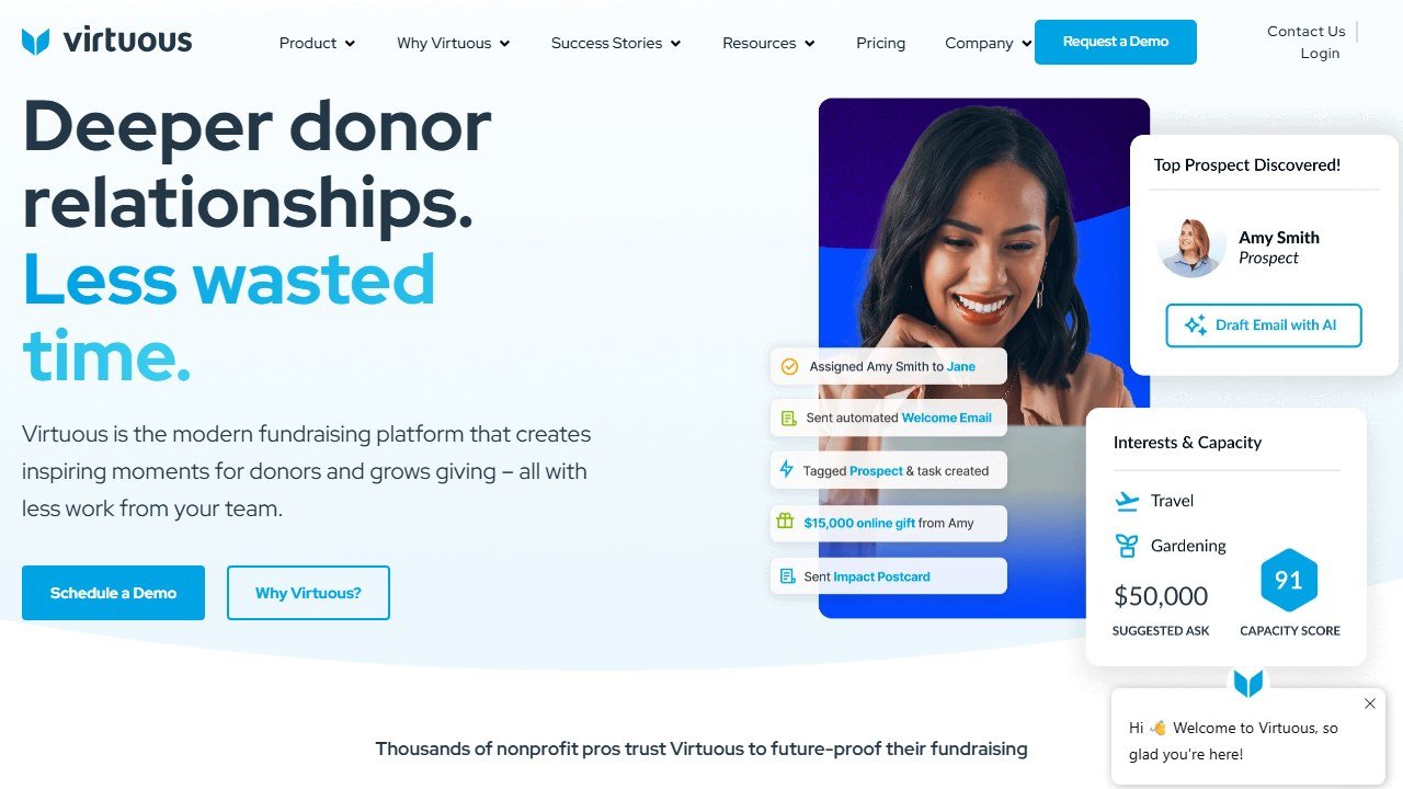 Virtuous responsive nonprofit CRM homepage interface
