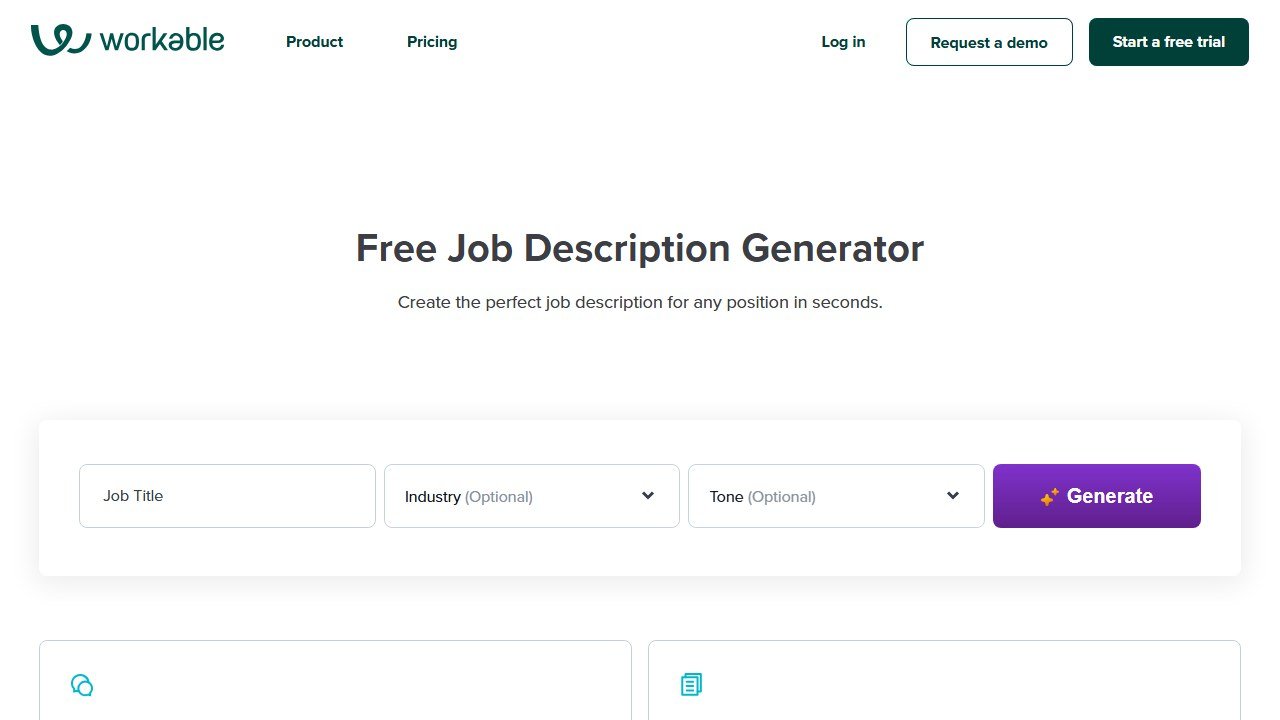 Workable free job description generator interface, no signup required