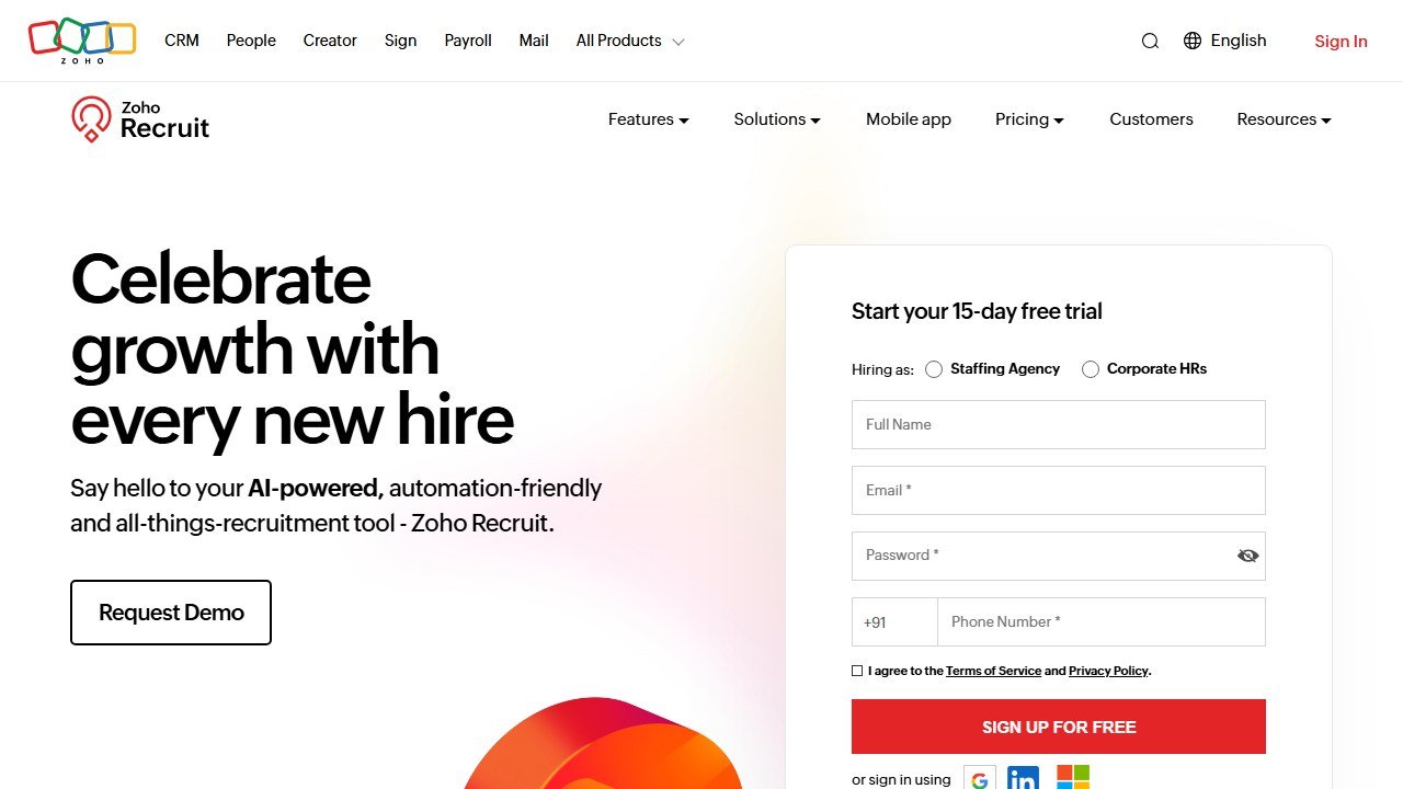 Zoho Recruit homepage promoting their permanent free tier for one active job