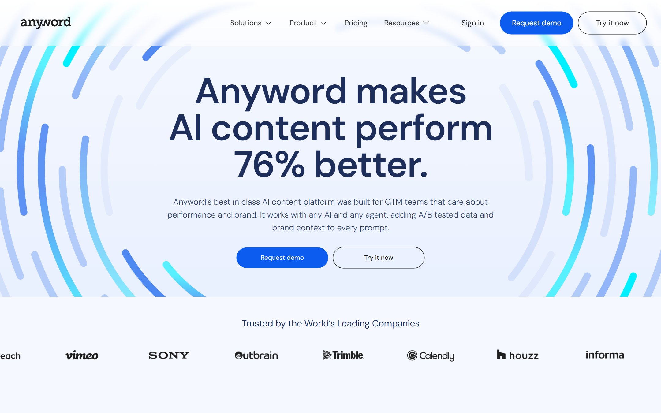 Anyword homepage showing predictive performance scoring for marketing copy