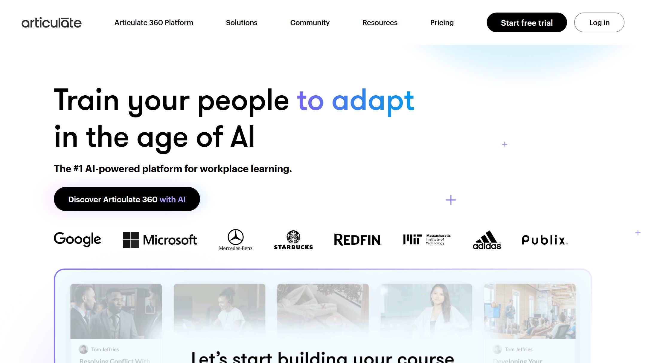 Articulate homepage showing Articulate 360, the AI powered workplace learning platform