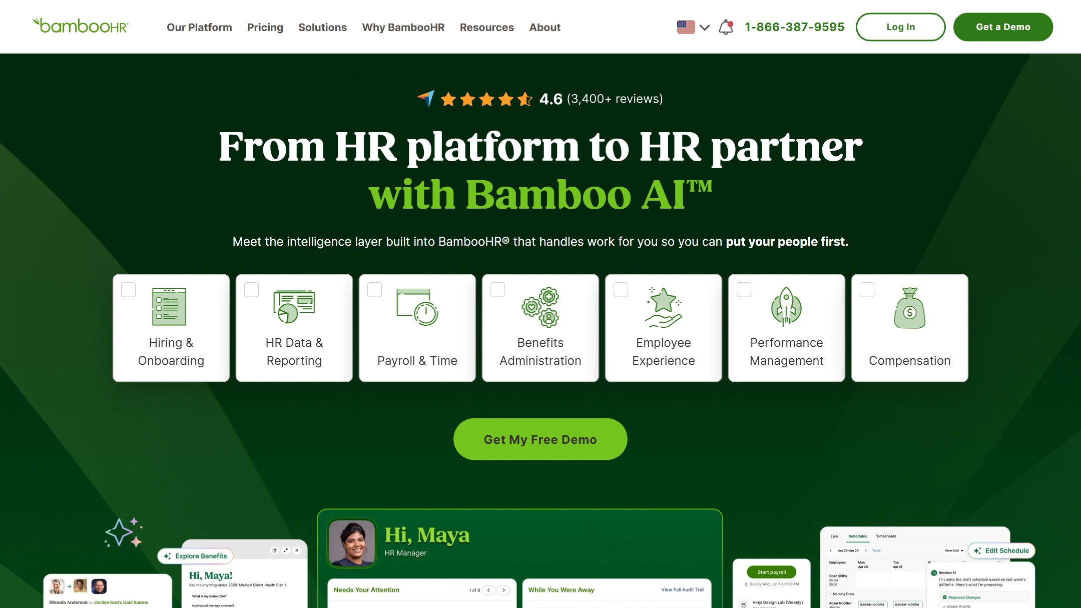 BambooHR homepage showing Bamboo AI and its hiring and onboarding module