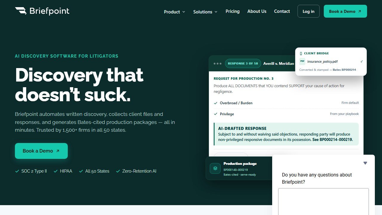 Briefpoint AI discovery response drafting homepage