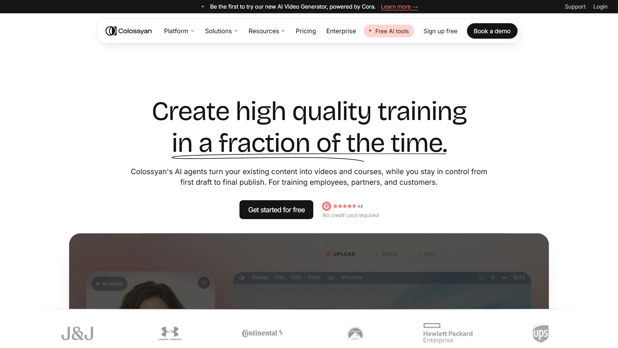 Colossyan homepage showing its training video platform