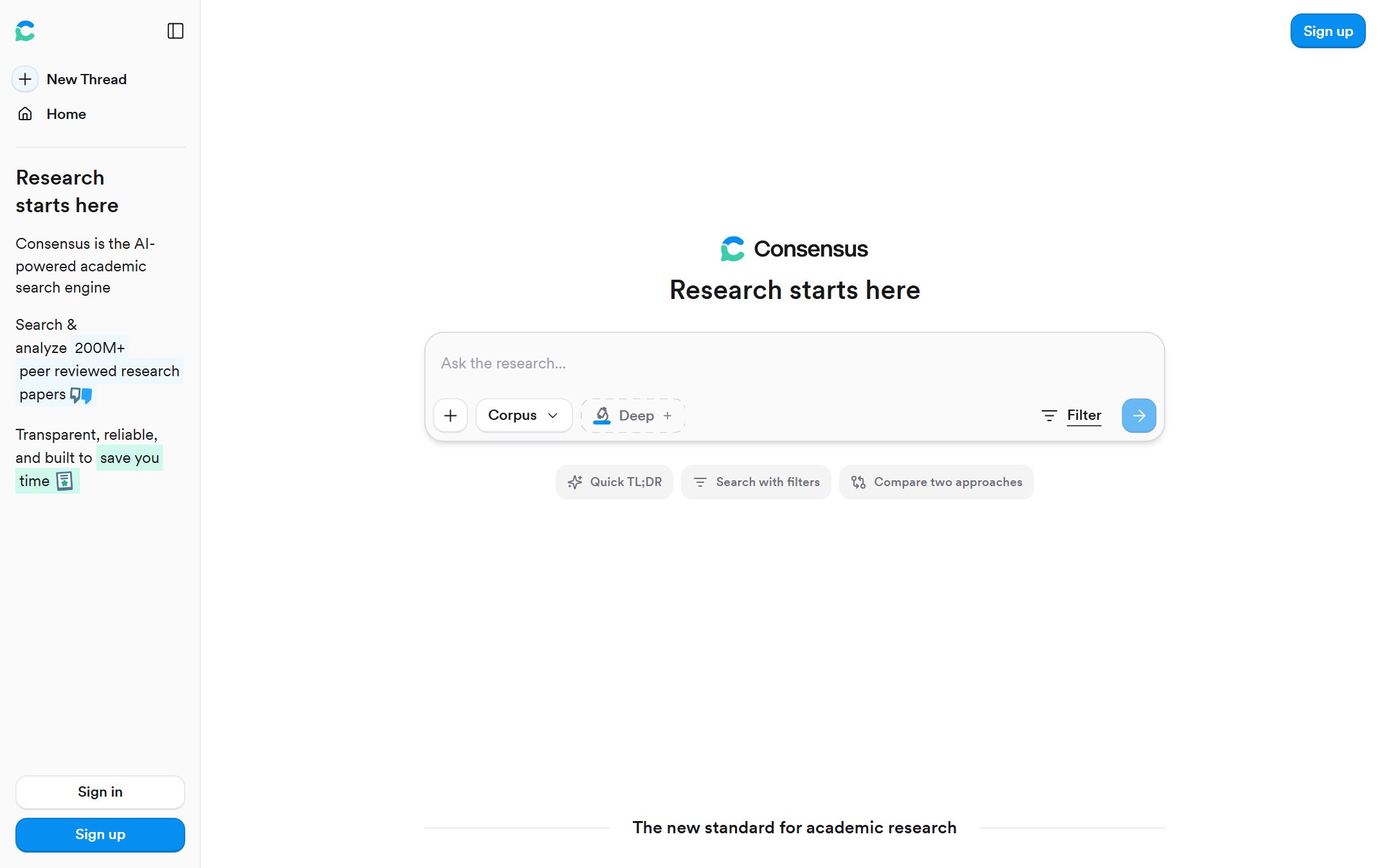 Consensus AI academic search engine homepage searching 200M+ peer reviewed papers