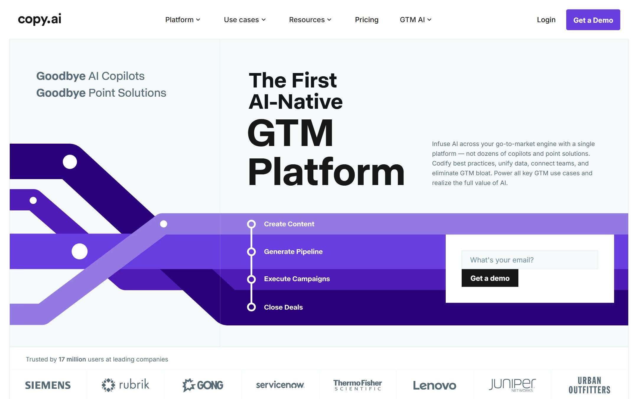 Copy.ai homepage showing its go-to-market AI workflow platform