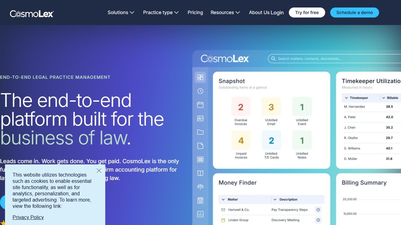 CosmoLex legal practice management with built-in accounting homepage