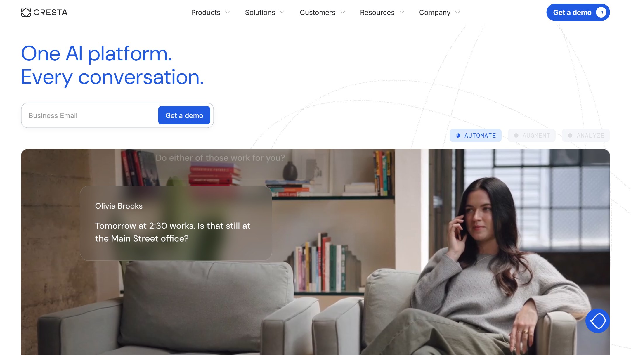 Cresta homepage showing its real time AI agent assist platform