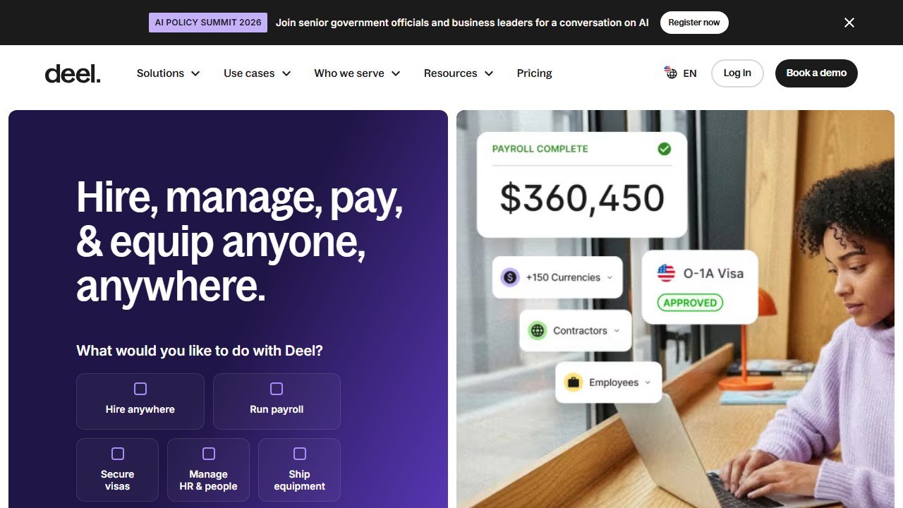 Deel global payroll and EOR platform homepage