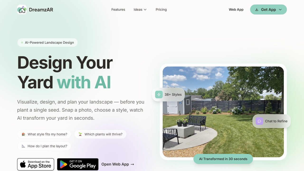 DreamzAR AI garden design homepage screenshot