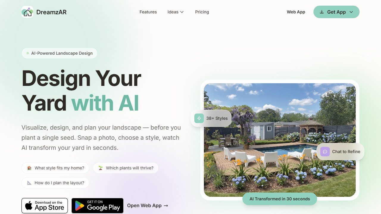 DreamzAR AI landscape design app homepage