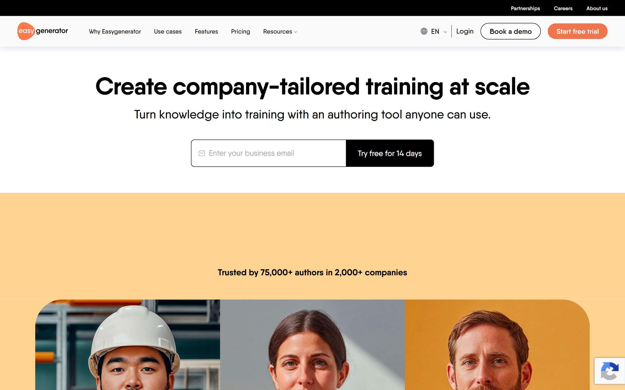 Easygenerator e-learning authoring tool homepage