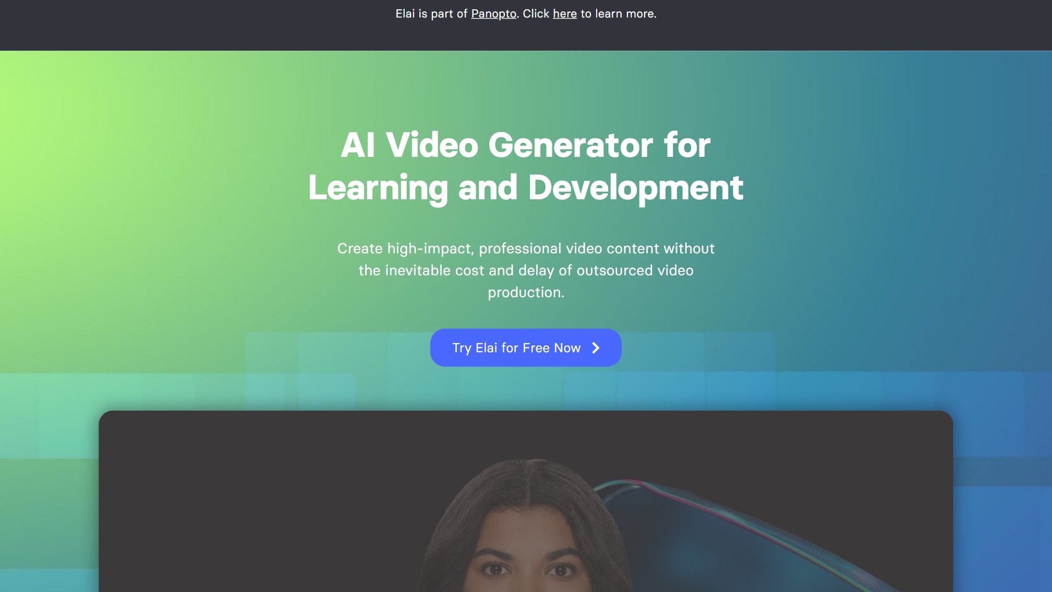 Elai homepage, an AI video generator for learning and development