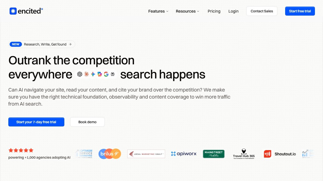 Encited JavaScript SEO and AI crawler visibility platform homepage