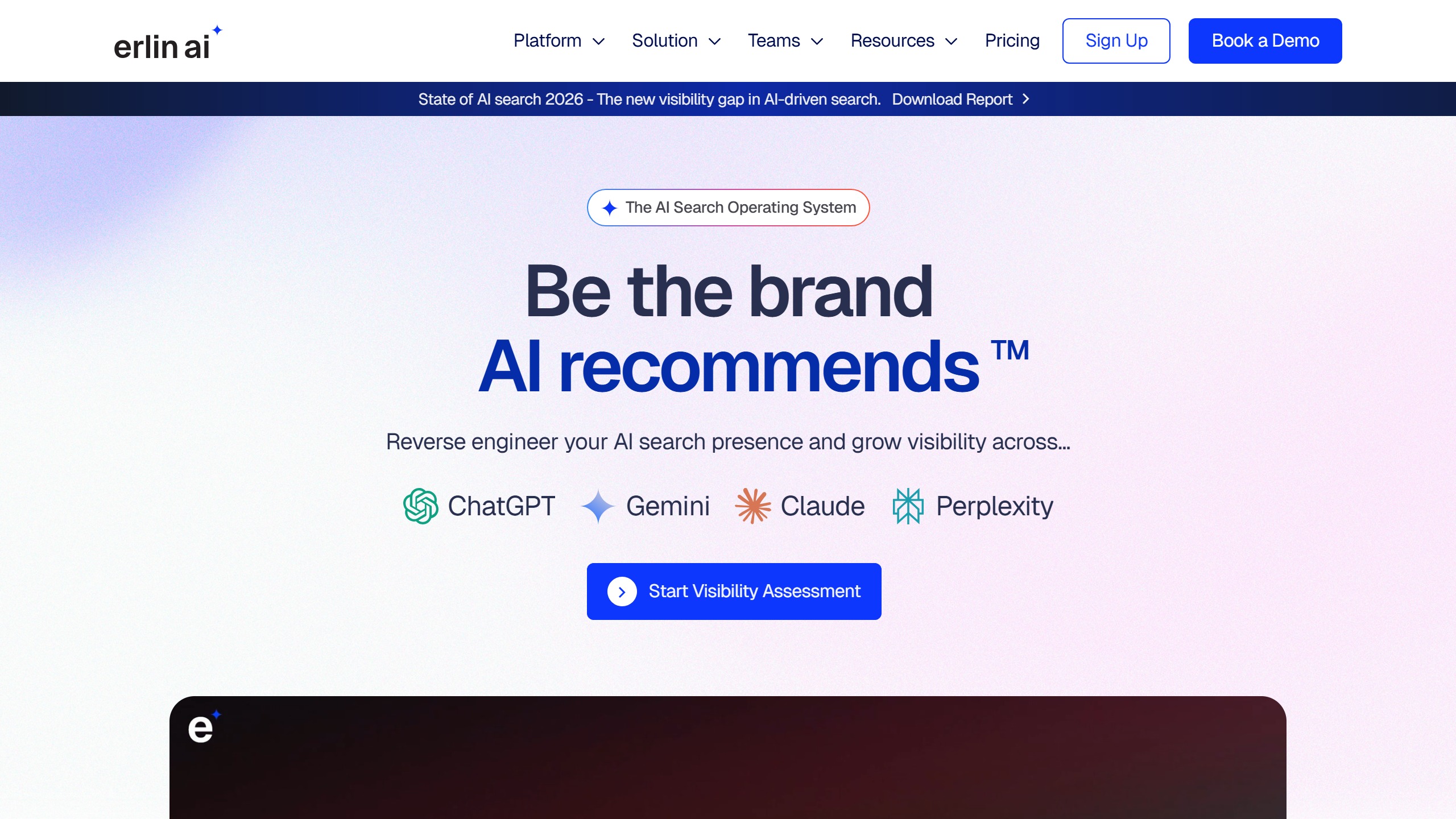 Erlin AI homepage: AI search visibility platform covering ChatGPT, Gemini, Claude and Perplexity