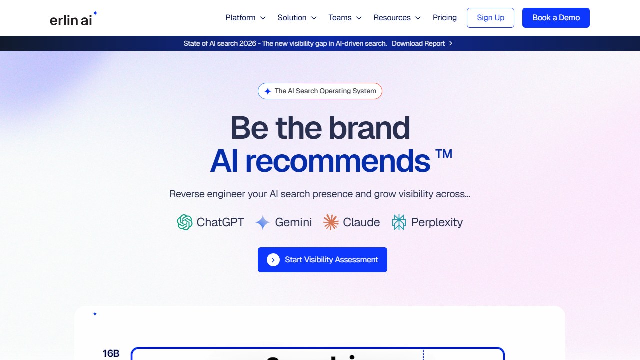 Erlin AI brand benchmark and AI search visibility platform homepage