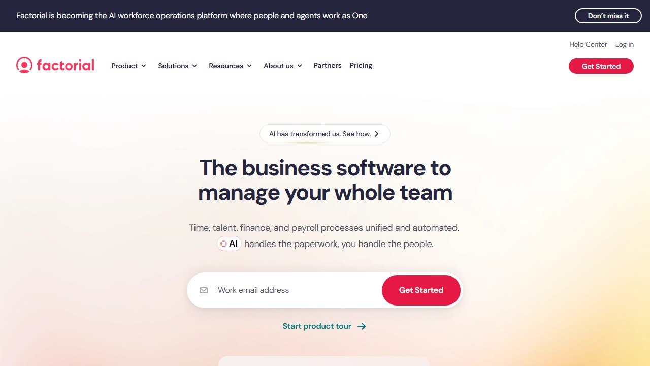 Factorial AI-native all-in-one HR software homepage