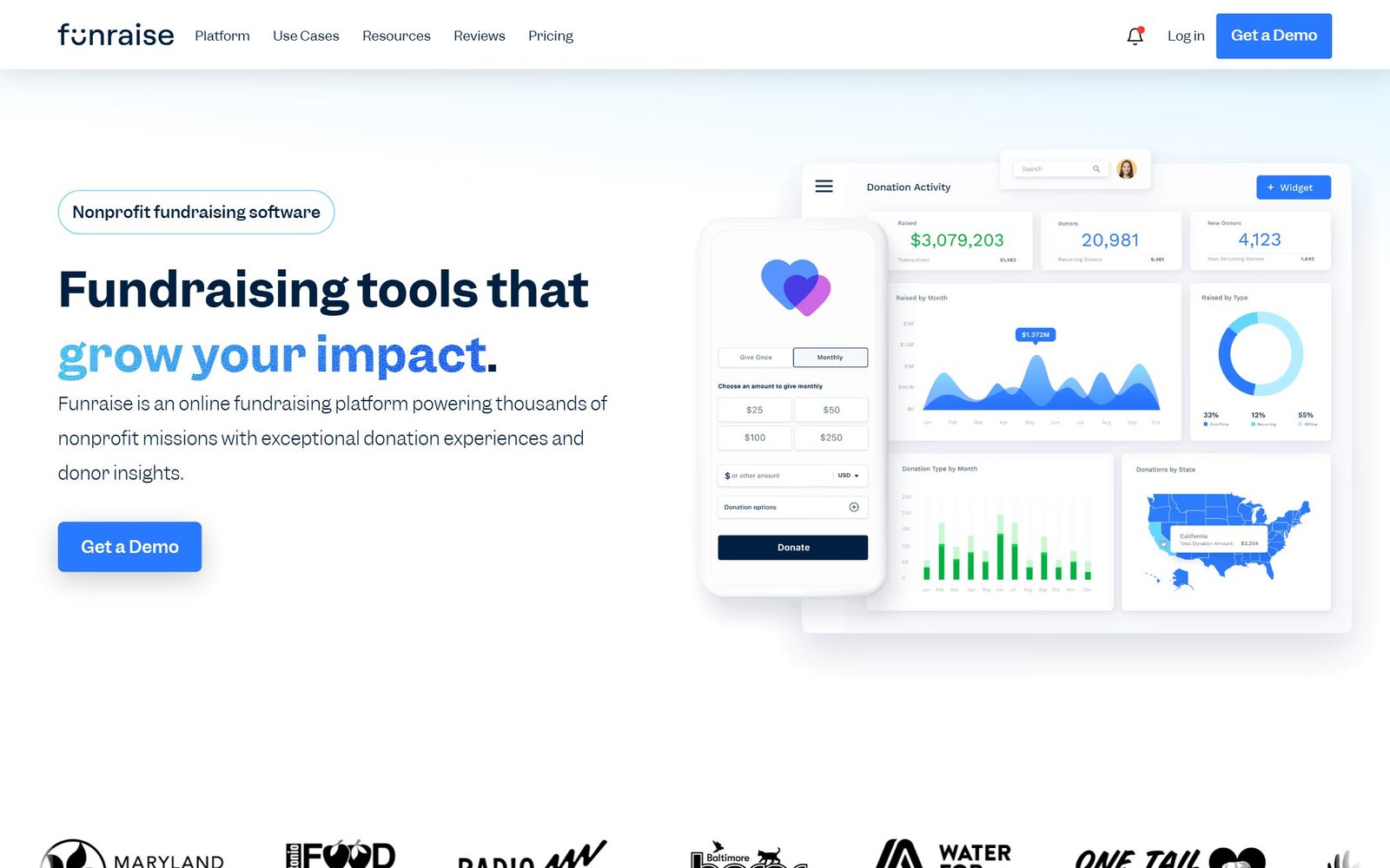 Funraise nonprofit fundraising platform homepage