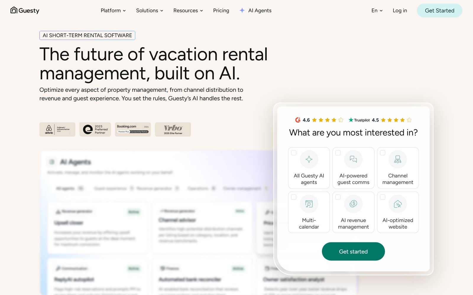 Guesty homepage showing its property management platform for hospitality businesses