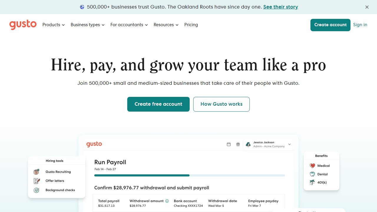 Gusto payroll and HR platform homepage
