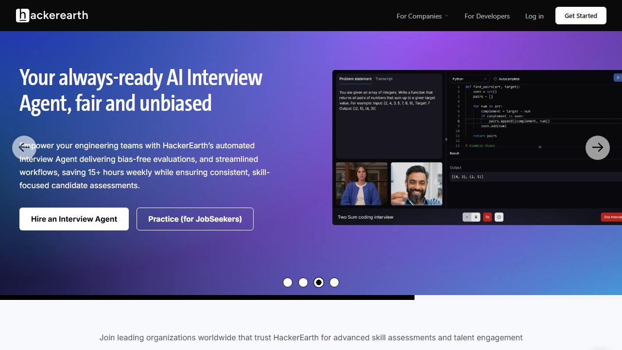 HackerEarth technical assessment and developer screening homepage