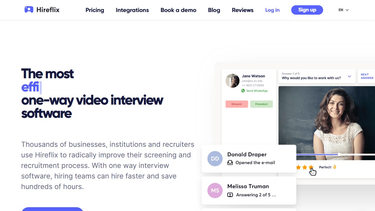 Hireflix one-way video interview software homepage