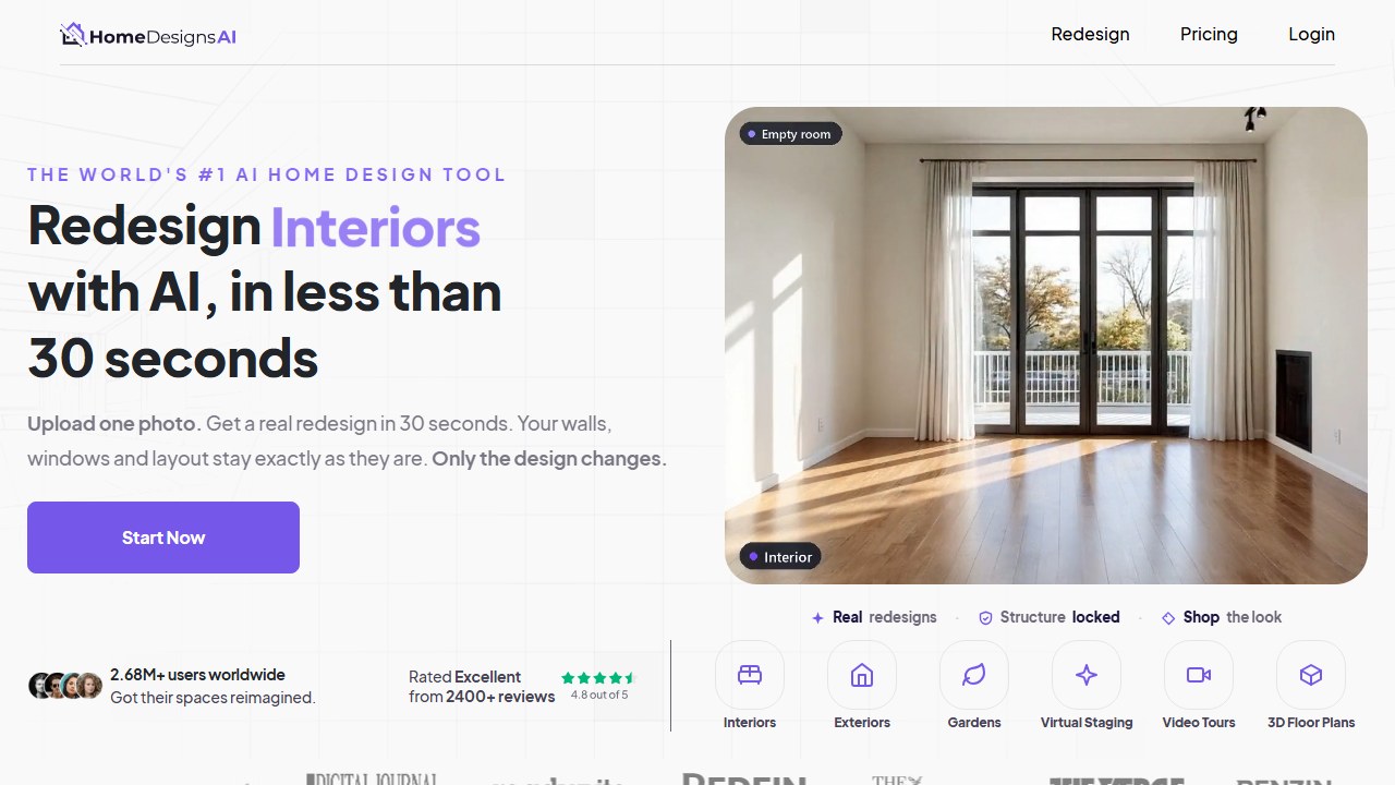 HomeDesigns.AI landscape design app homepage