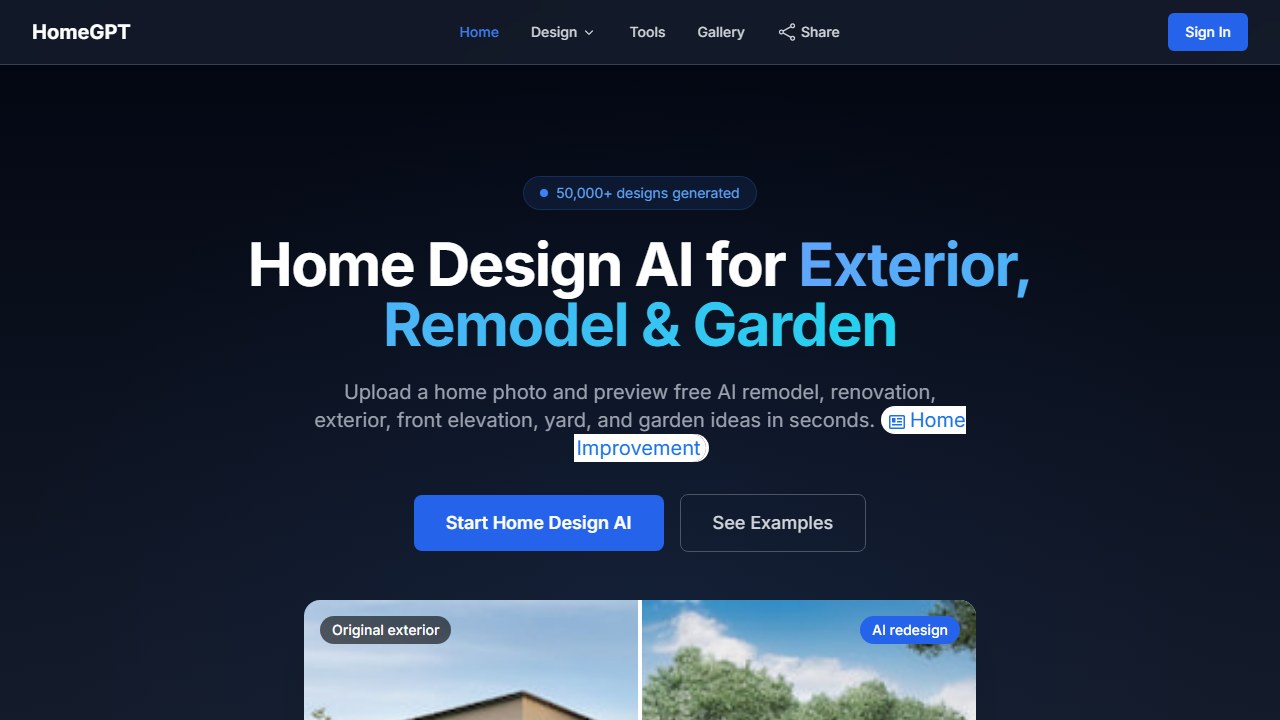 HomeGPT AI landscape design app homepage