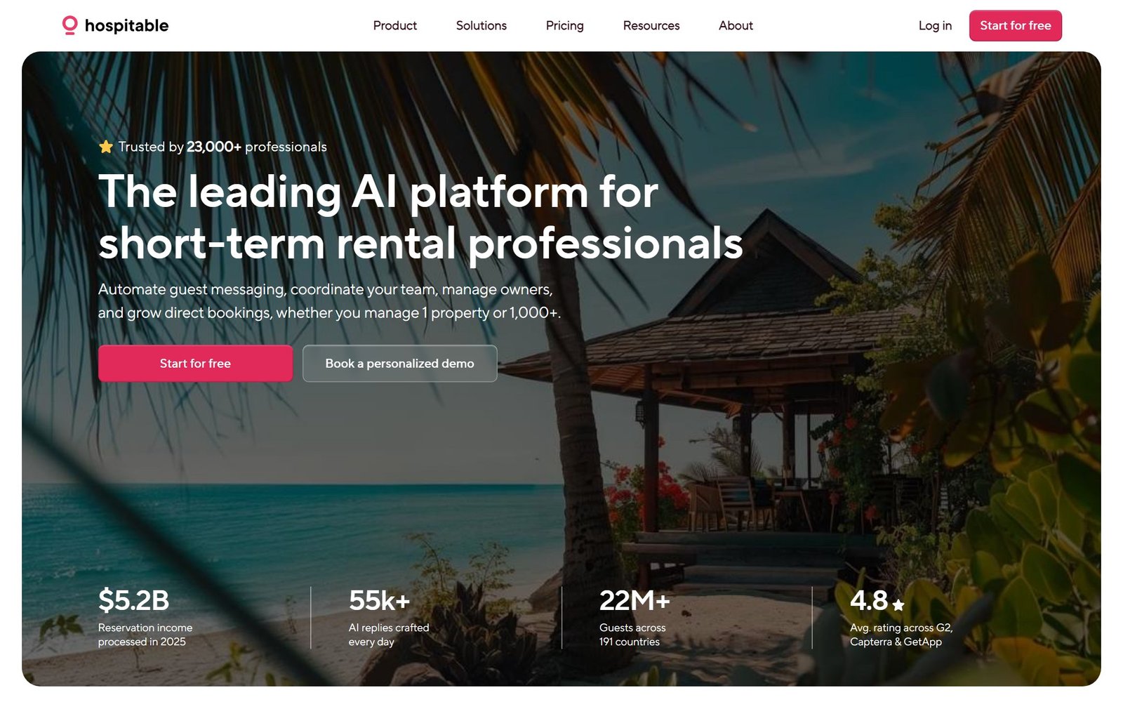 Hospitable homepage showing its AI platform for short-term rental hosts