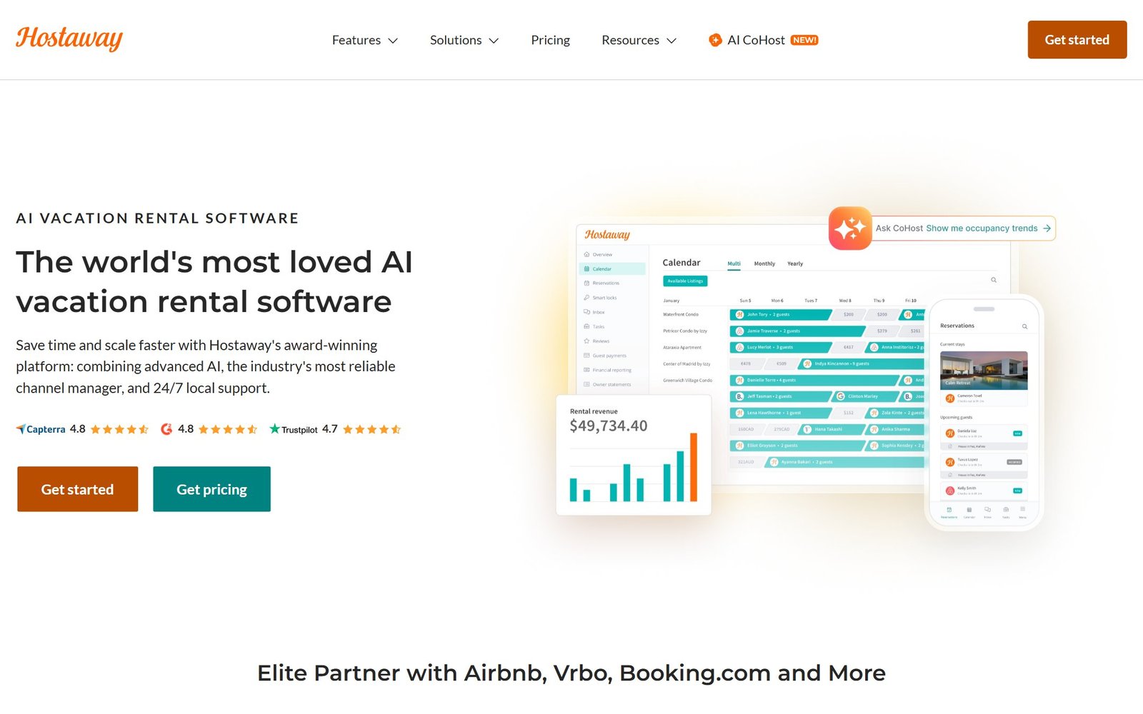 Hostaway homepage showing its vacation rental management platform