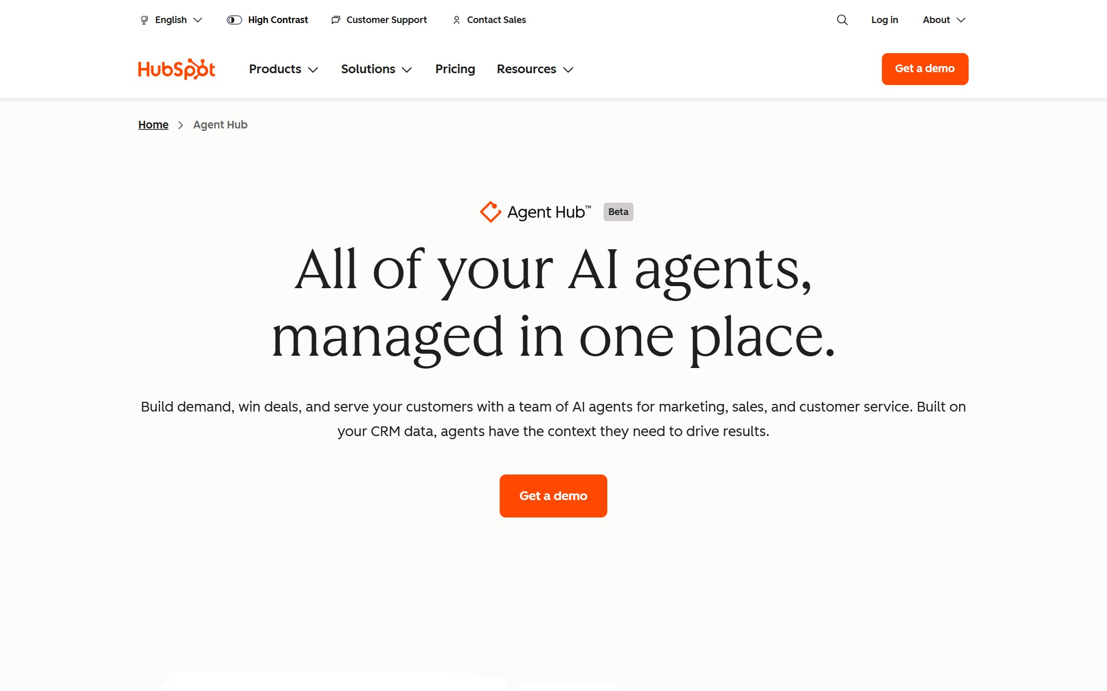 HubSpot Agent Hub page showing AI agents for marketing, sales and service