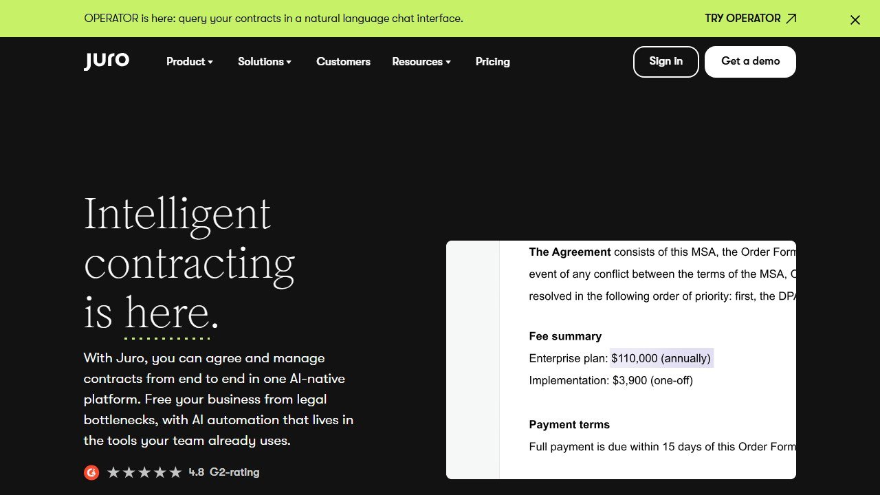 Juro contract lifecycle management platform homepage