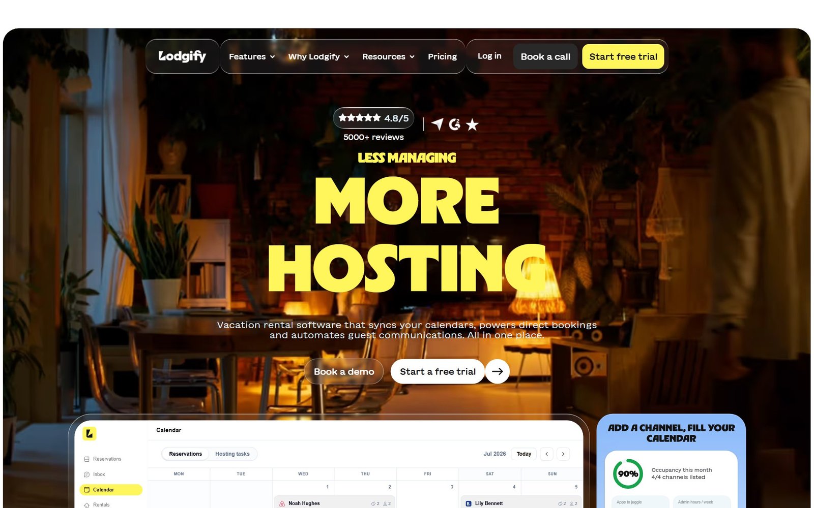 Lodgify homepage showing vacation rental software and direct booking tools