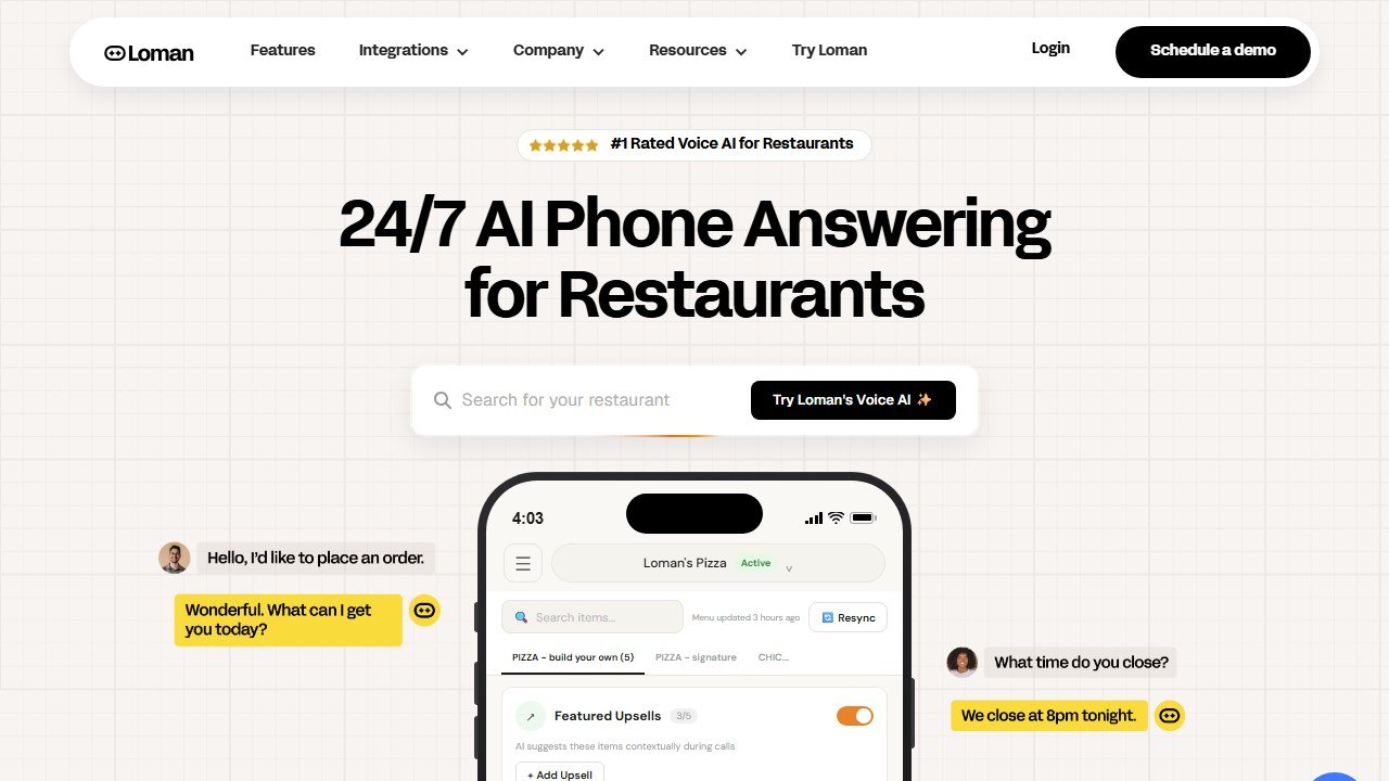 Loman AI restaurant phone answering homepage