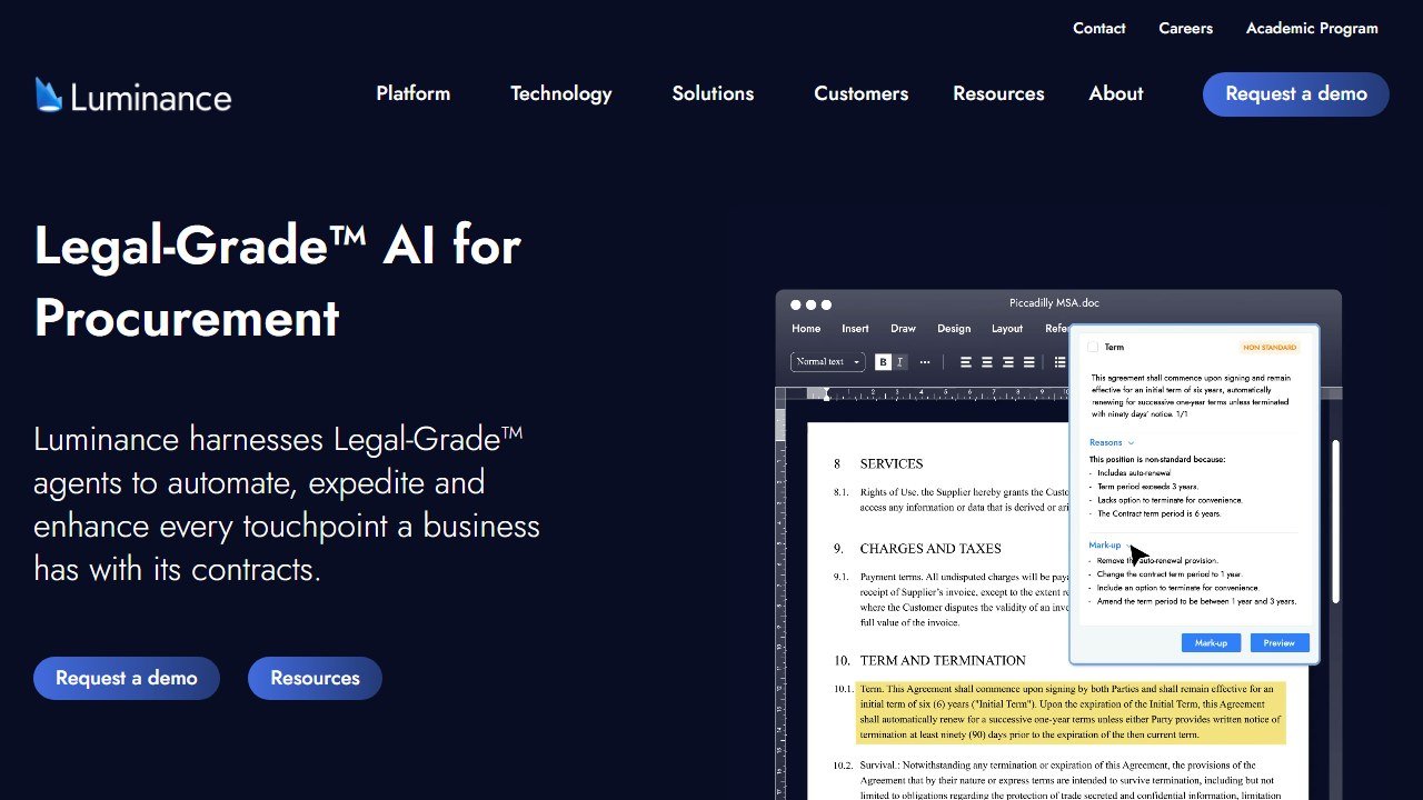 Luminance AI contract analysis and due diligence homepage