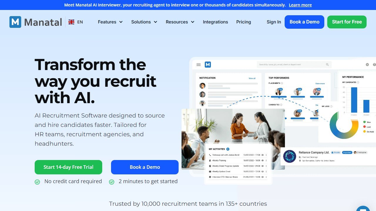 Manatal AI recruitment and applicant tracking software homepage