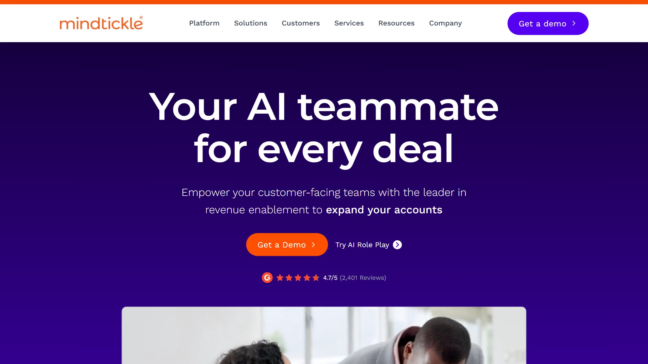 Mindtickle homepage showing its revenue enablement and AI roleplay platform