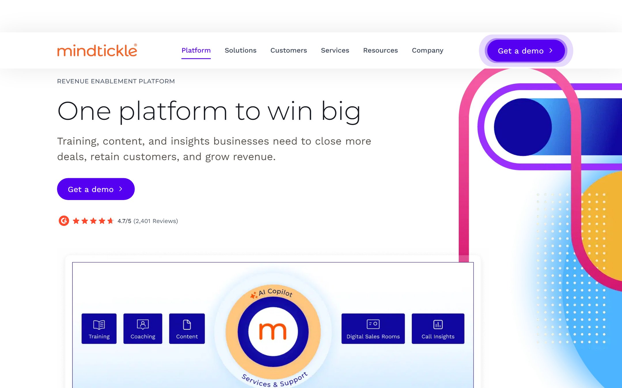 Mindtickle platform page showing its training, coaching, content and call insights modules