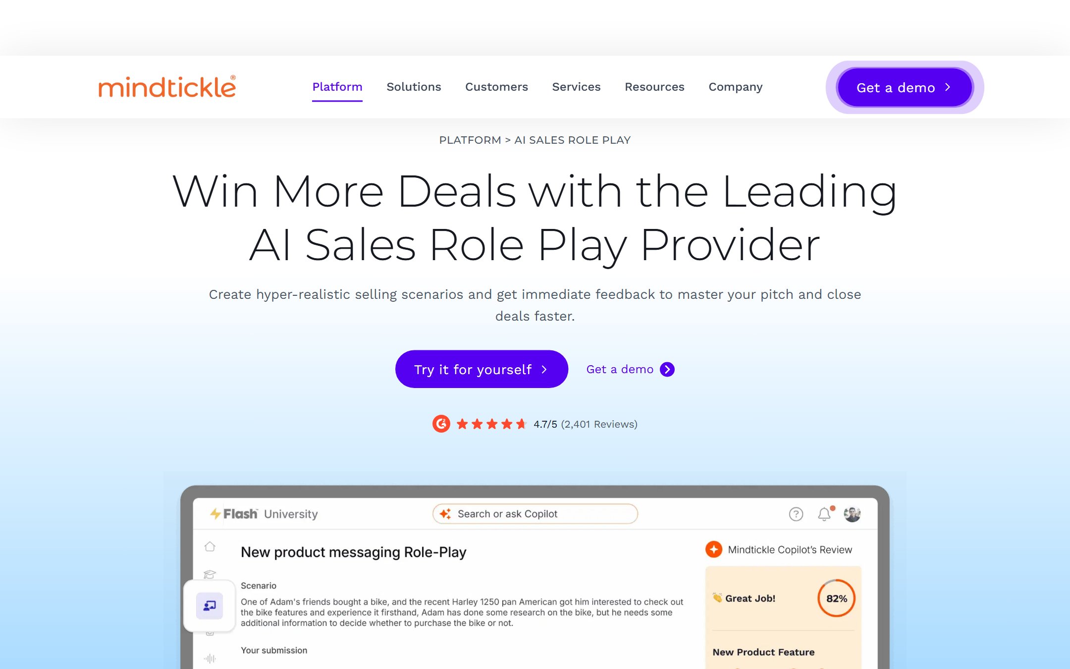 Mindtickle AI sales role play product page with Copilot scoring a practice session