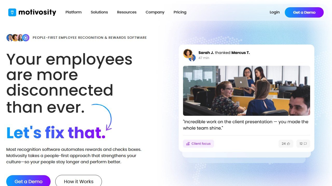 Motivosity employee recognition platform homepage