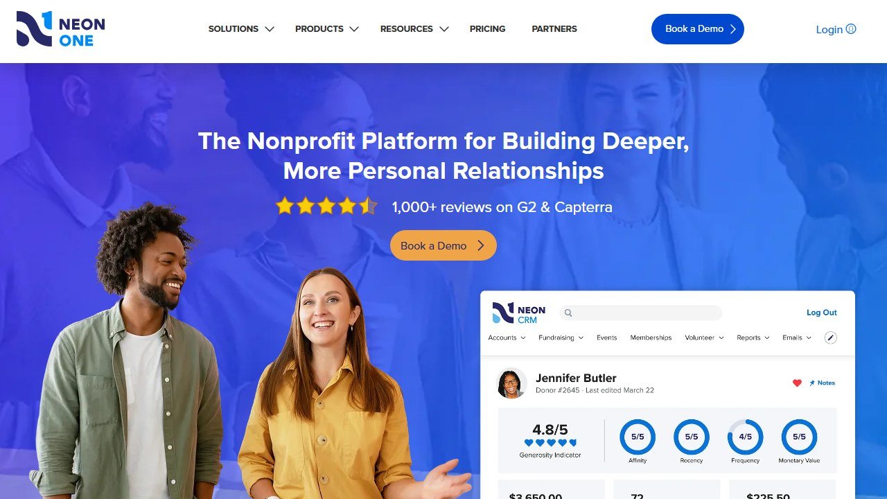 Neon CRM nonprofit CRM homepage showing a donor profile and generosity indicators