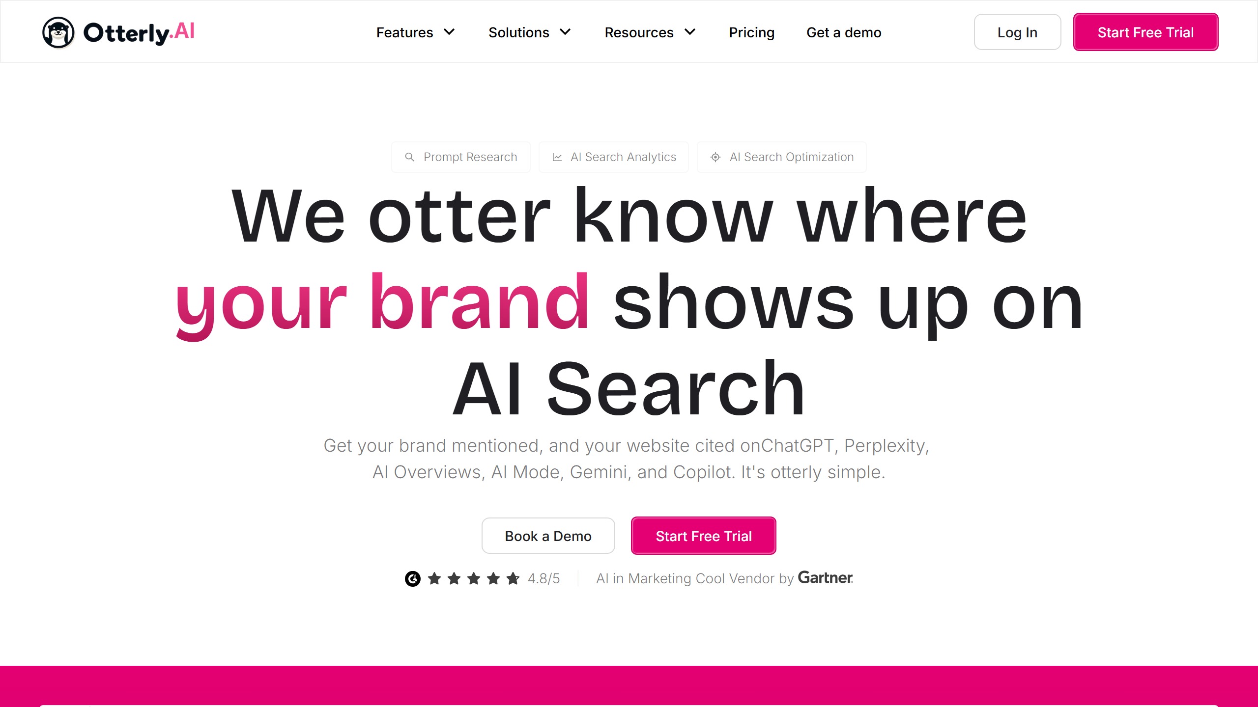 Otterly AI homepage: AI search monitoring across ChatGPT, Perplexity, AI Overviews, Gemini and Copilot