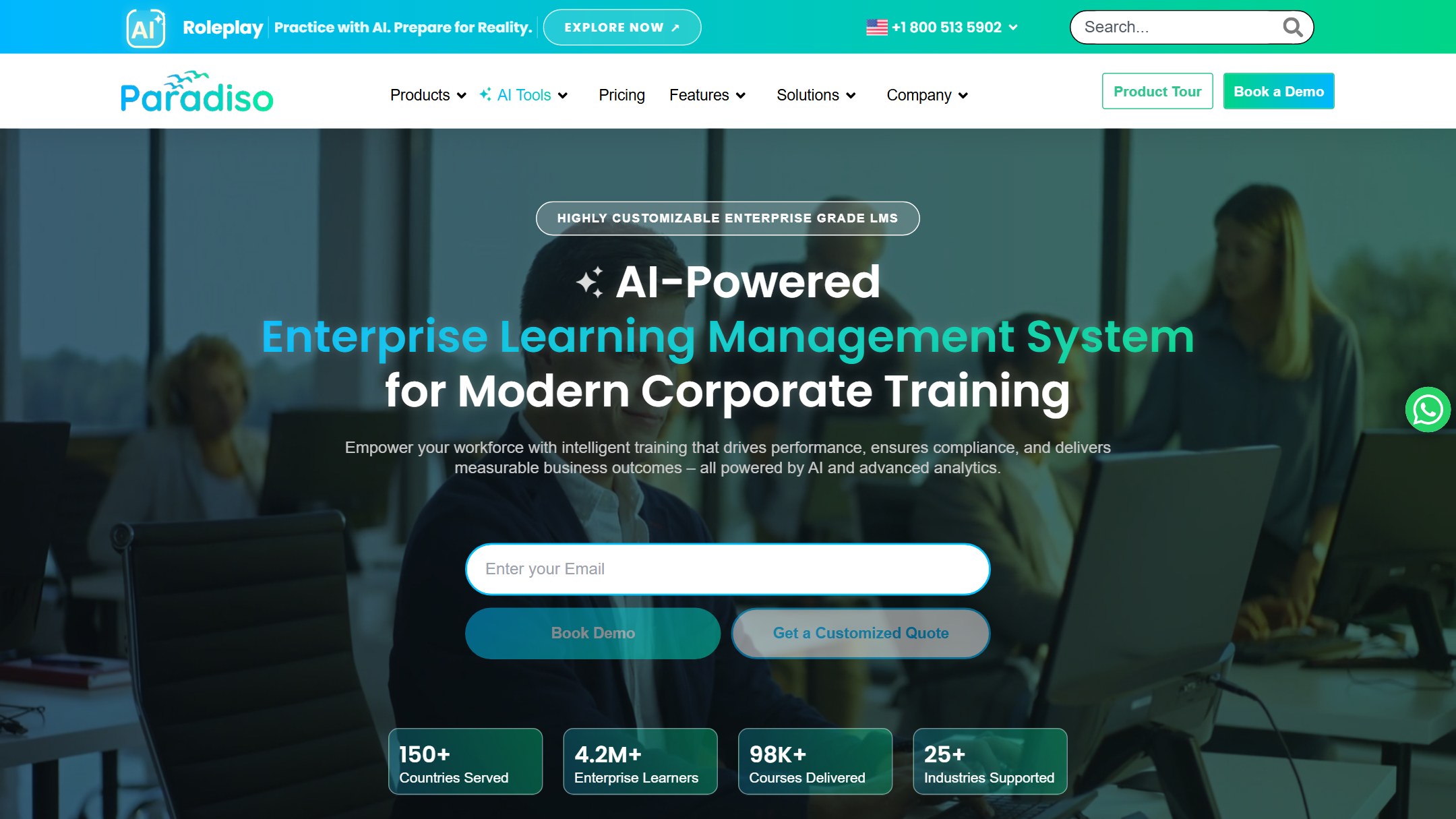 Paradiso AI homepage showing its AI powered enterprise learning management system