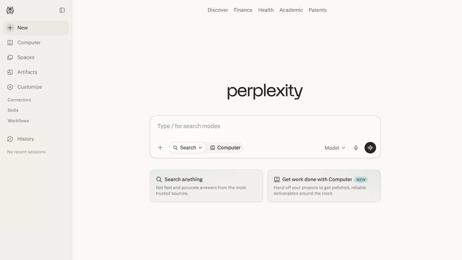 Perplexity AI search homepage