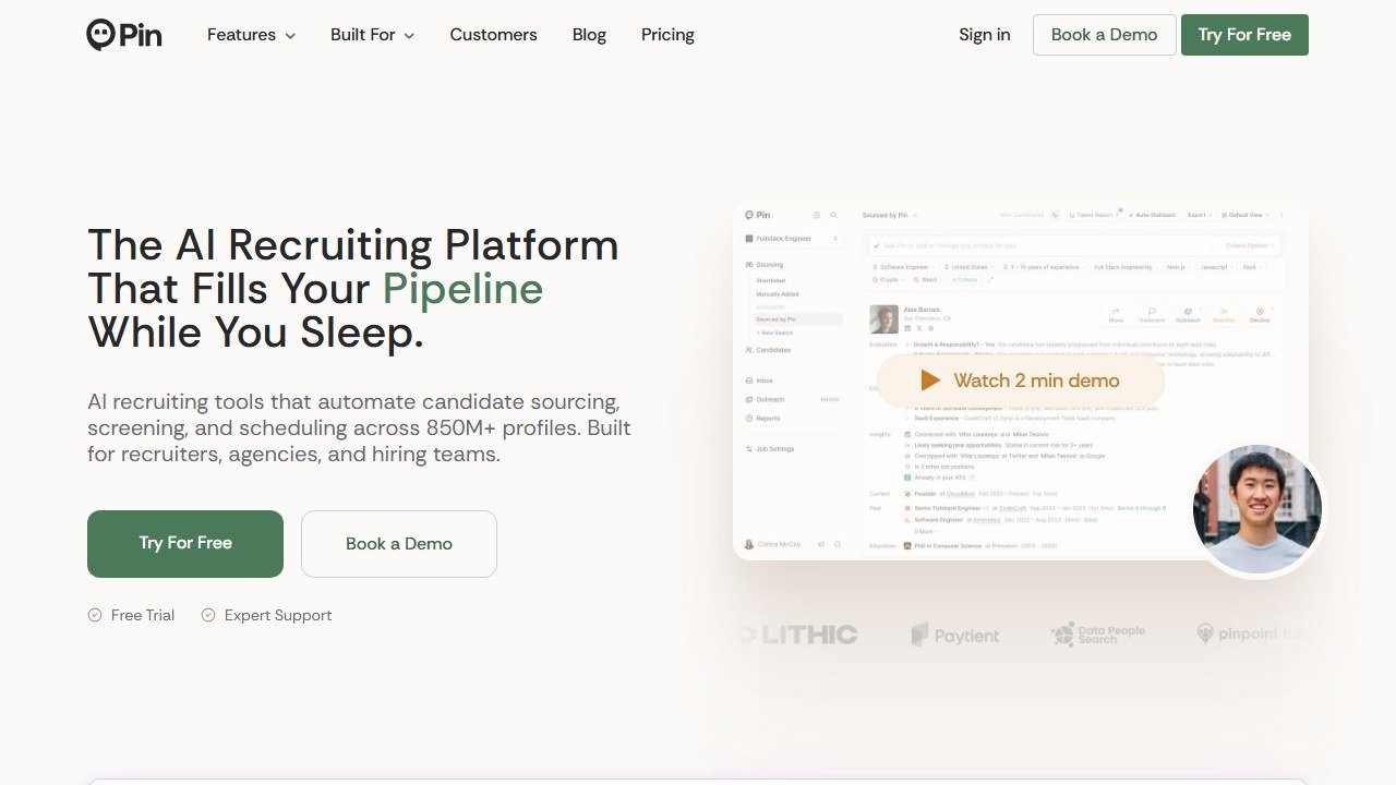 Pin AI candidate sourcing platform homepage